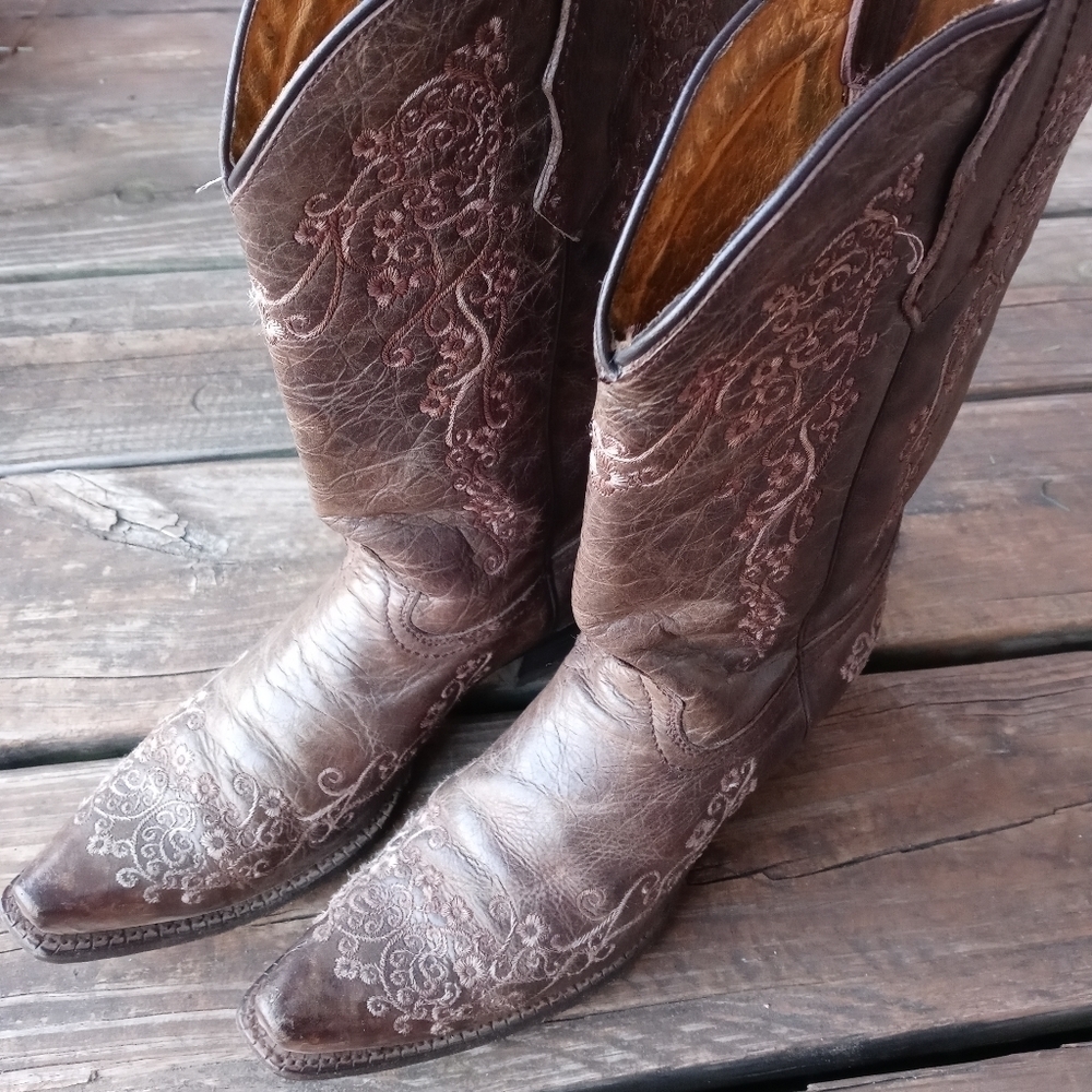 Corral Taupe Brown Leather Snip Toe Cowboy Boot Youth Sz 5. Women's sz 6.5 A2773